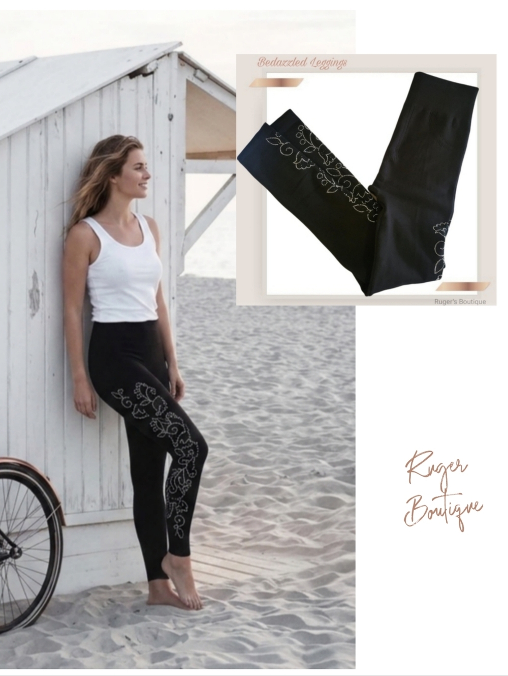 🌿Bejeweled Womens Black Sweater Leggings Silver & Sparkle Embellished Sides